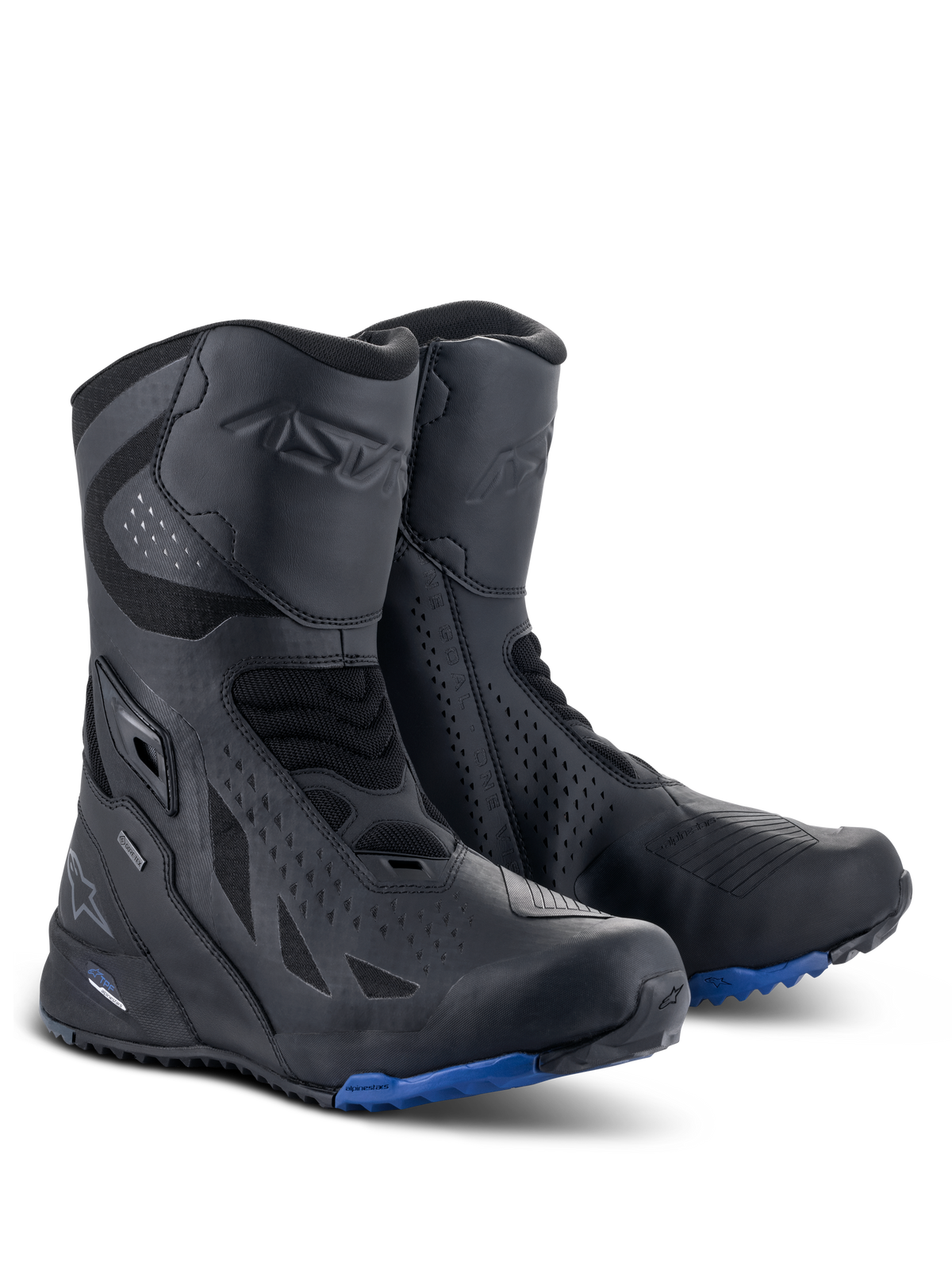 Alpinestars RT-8 GORE-TEX laarzen, motor touringlaarzen, zwart blauw, met een technisch microvezel en synthetisch textiel bovenwerk, blauwe zool met profiel voor tractie, waterdichte GORE-TEX constructie en beschermende scheen- en hielzones.