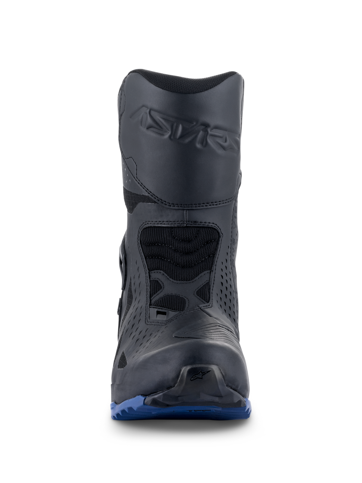Alpinestars RT-8 GORE-TEX laarzen, motortouringlaarzen, zwart en blauw, vooraanzicht met Astars-logo in reliëf op het scheenbeen, beschermend schakelpad en een robuuste blauwe buitenzool voor grip op elk terrein