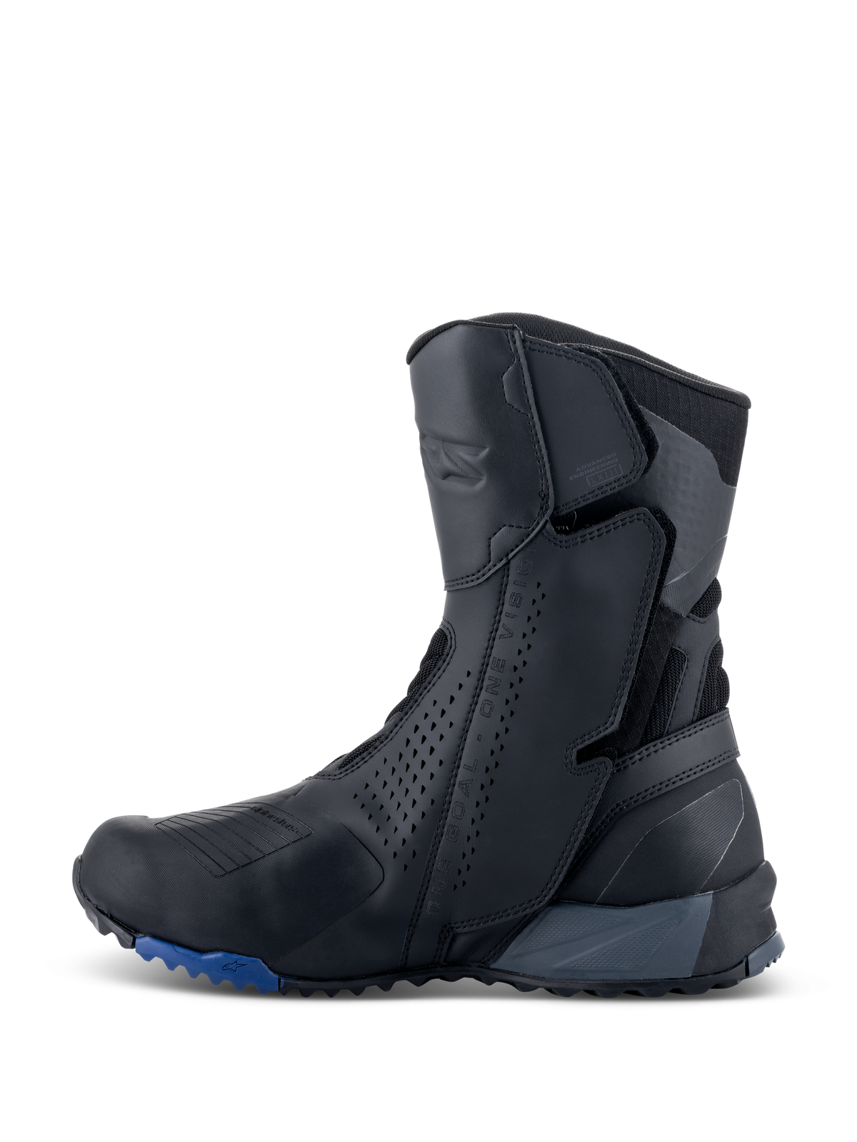 Alpinestars RT-8 GORE-TEX laarzen, touring motorlaarzen, zwart en blauw, zijaanzicht met een gestroomlijnd bovenwerk van microvezel met geperforeerde panelen, geïntegreerde beschermingszones en een robuuste zool met blauwe accenten.