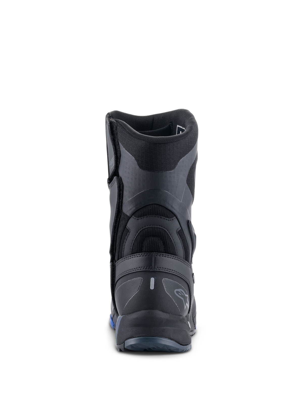 Alpinestars RT-8 GORE-TEX laarzen, motorlaarzen voor touring, zwart en blauw, achteraanzicht met nadruk op de versterkte hielkap, getextureerde synthetische panelen en subtiele Alpinestars-branding