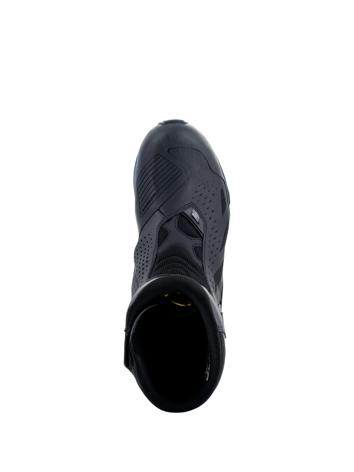 Alpinestars RT-8 GORE-TEX laarzen, zwart en blauw, bovenaanzicht met weergave van het schakelpad, geperforeerde microvezel panelen en blauwe zoolaccenten, technische waterdichte touring motorlaarzen