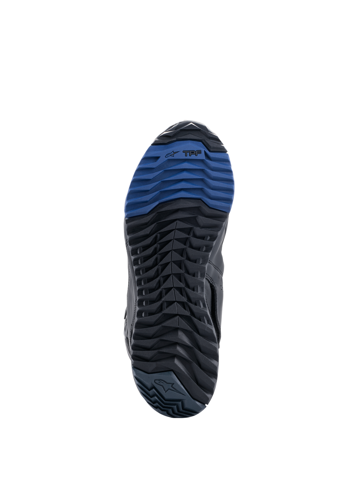 Alpinestars RT-8 GORE-TEX laarzen, zoolaanzicht met zwart en blauwe rubberen buitenzool, robuust profielpatroon en TPF-branding, ontworpen voor optimale tractie en loopcomfort op adventure touring-terrein