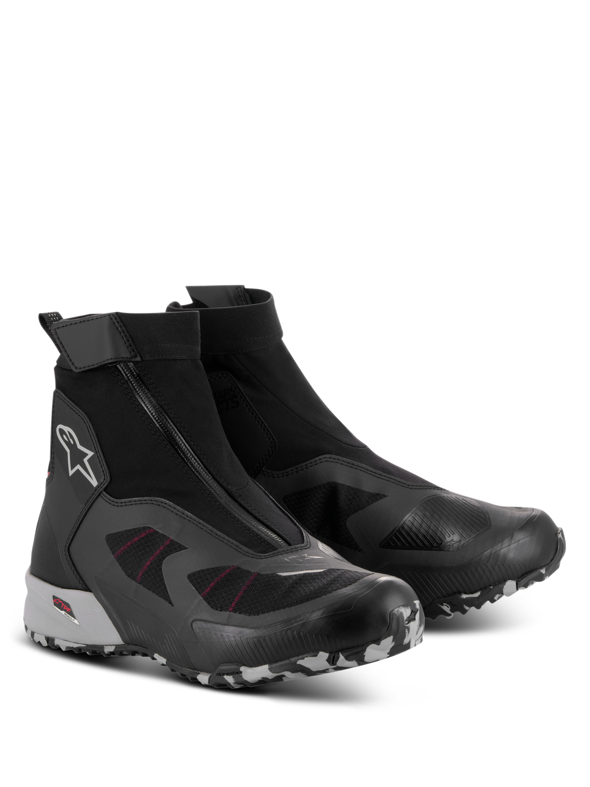 Alpinestars CR-8 GORE-TEX schoenen, waterdichte motorschoenen, zwart, middengrijs en felrood, met een schuine ritssluiting, hoog uitgesneden stretch bootie-constructie en een duurzame profielzool met camouflagepatroon