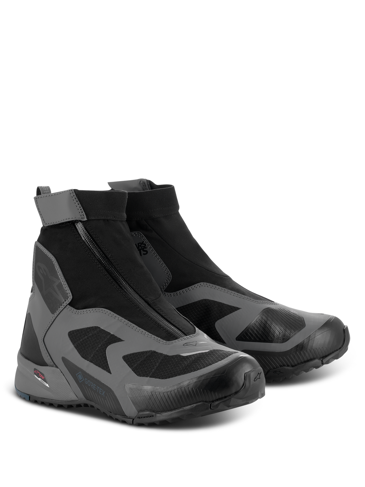 Alpinestars CR-8 GORE-TEX schoenen, motorrijlaarzen, zwart, donkergrijs en petrol blauw, met een hoog waterdicht ontwerp, schuine ritssluiting en GORE-TEX branding.