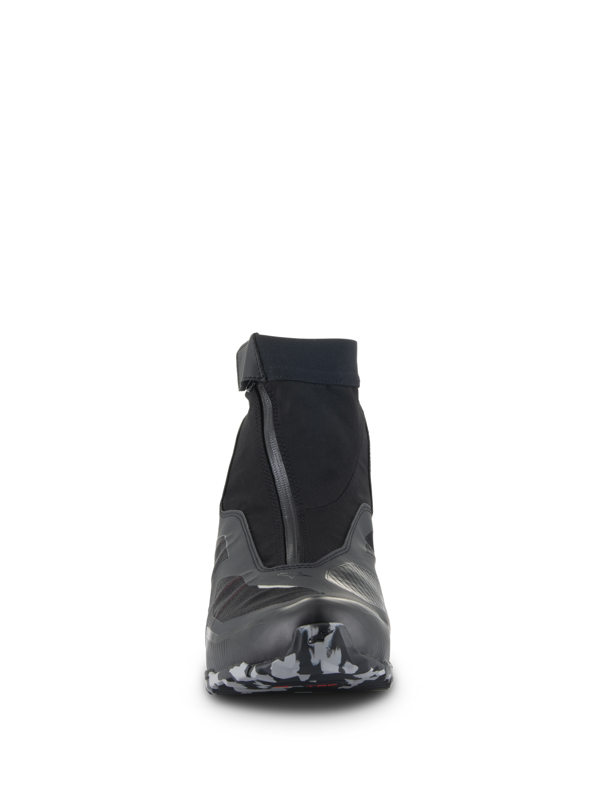 Alpinestars CR-8 GORE-TEX schoenen, vooraanzicht, zwart en donkergrijs, hoge motorschoen met een schuine waterdichte ritssluiting, elastische kraag en zoolpunt met textuur, technisch adventure touring-schoeisel