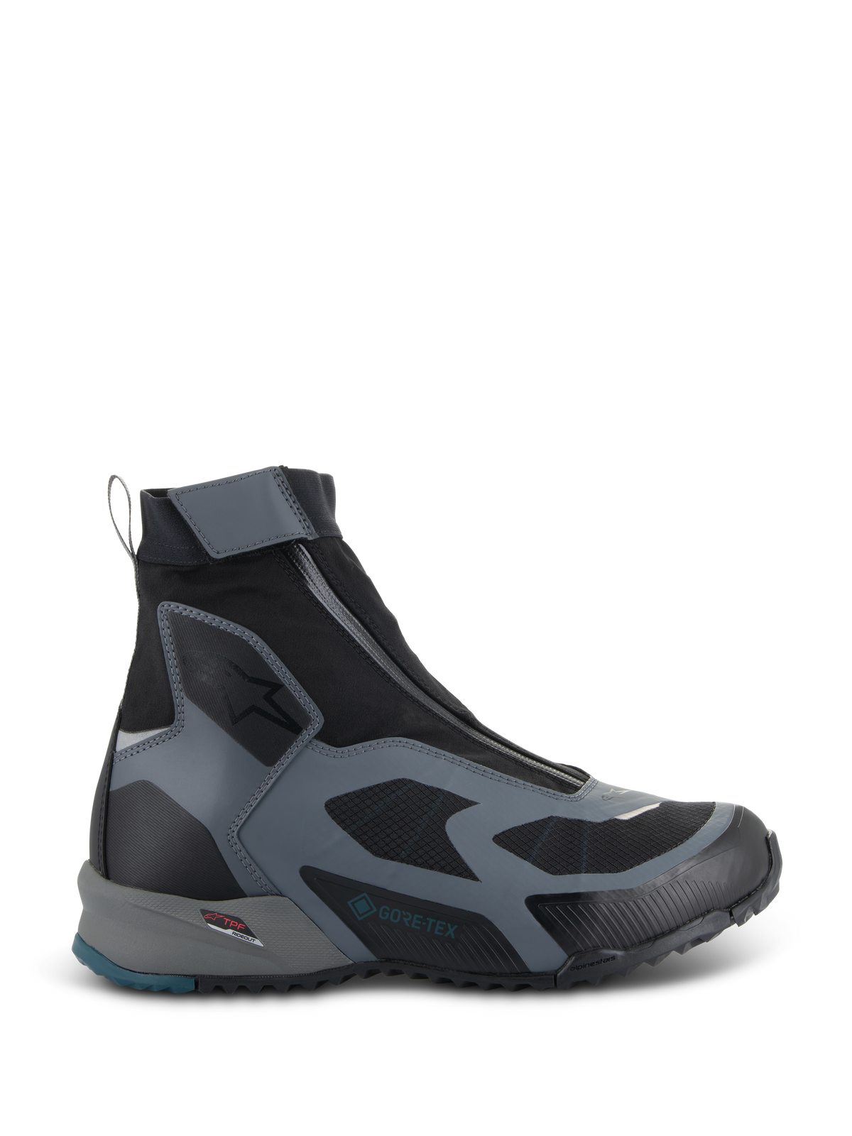 Alpinestars CR-8 GORE-TEX schoenen, zwart en donkergrijze motorlaarzen, waterdicht hoog model met schuine rits, ademende textielpanelen, TPF-beschermingsframe, robuuste zool met petrol blauw hielaccent