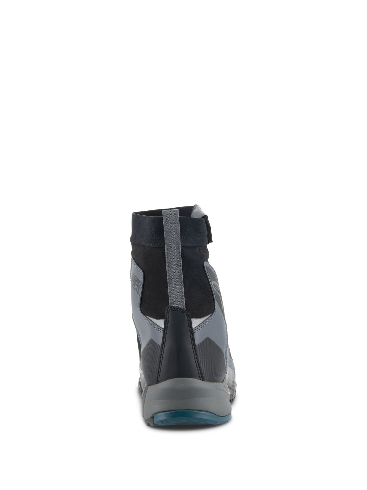 Alpinestars CR-8 GORE-TEX schoenen, motorschoenen, zwart, donkergrijs en petrolblauw, achteraanzicht met de hoog uitgesneden waterdichte binnenschoen, grijze hiellus en gelaagde beschermende panelen