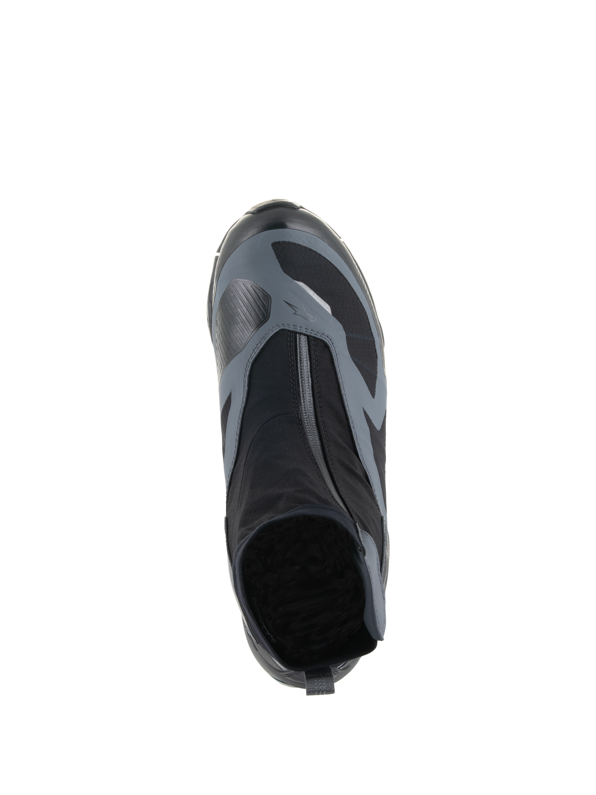 Alpinestars CR-8 GORE-TEX schoenen, zwart en donkergrijs, bovenaanzicht met de schuine waterdichte ritssluiting en technisch textiel bovenwerk, ontworpen voor adventure touring