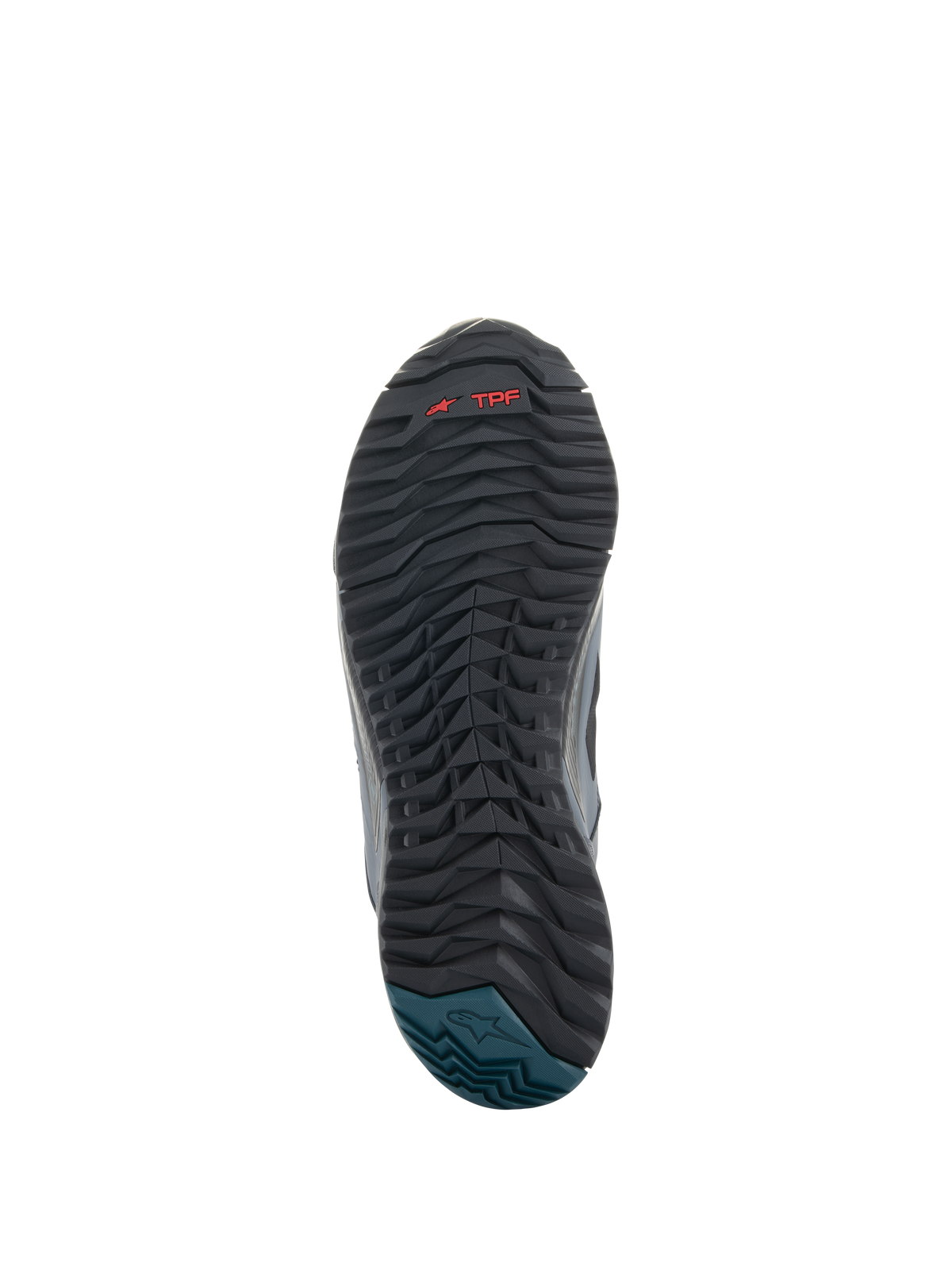 Alpinestars CR-8 GORE-TEX schoenen, onderaanzicht zool, zwarte en donkergrijze rubberen buitenzool met golvend profiel, rode TPF-branding, Petrol Blue hiel met Alpinestars-logo, duurzaam ontwerp voor motorrijden
