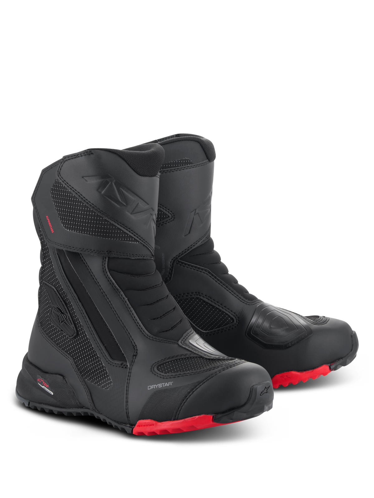 Alpinestars RT-7 Drystar laarzen, motor touringlaarzen, zwart en rood, voorzien van waterdicht Drystar-membraan, duurzame constructie van textiel en microvezel, rode grove profielzolen en beschermende versterkte zones voor all-terrain avontuur