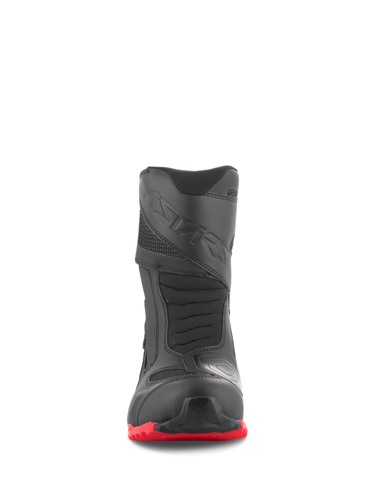Alpinestars RT-7 Drystar® laarzen, touring motorlaarzen, zwart en rood, vooraanzicht, voorzien van een versterkte neus, 3D-geprinte schakelpad en felrode grove profielzool, waterdicht ontwerp voor adventure ritten.