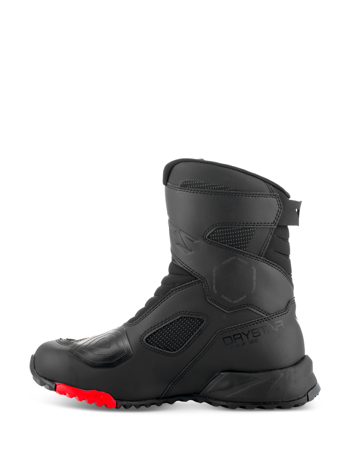 Alpinestars RT-7 Drystar® laarzen, touring motorlaarzen, zwart en rood, zijaanzicht met Drystar-logo, versterkt schakelpad en duurzame profielzool met rode accenten voor adventure rijden
