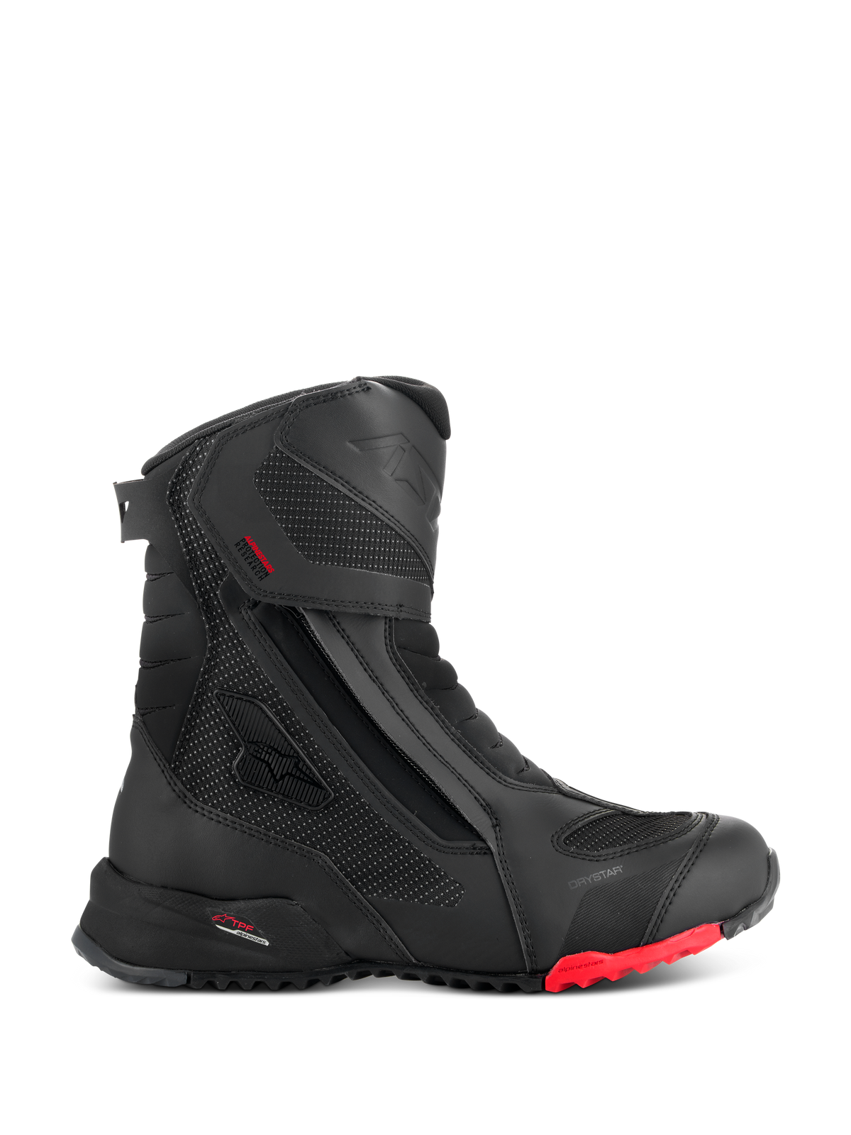 Alpinestars RT-7 Drystar motorlaarzen, touringlaarzen voor de motor, zwart met rood accent op de zool, waterdicht en ademend, zijprofiel met ritssluiting aan de zijkant en klittenbandsluiting, getextureerde textielpanelen met reflecterende stippen, robuuste profielzool, geavanceerde synthetische constructie