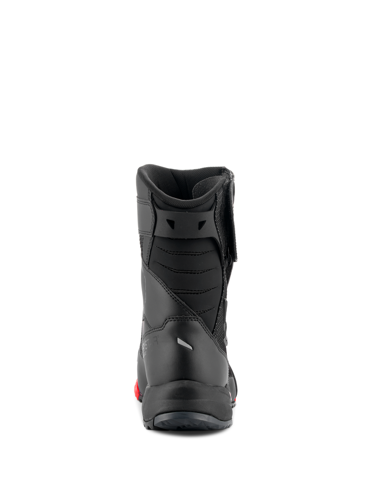 Alpinestars RT-7 Drystar® laarzen, motor tourlaarzen, zwart en rood, achteraanzicht met gewatteerde achilles-bellows en slanke constructie, waterdicht beschermend schoeisel voor op de weg en avontuur