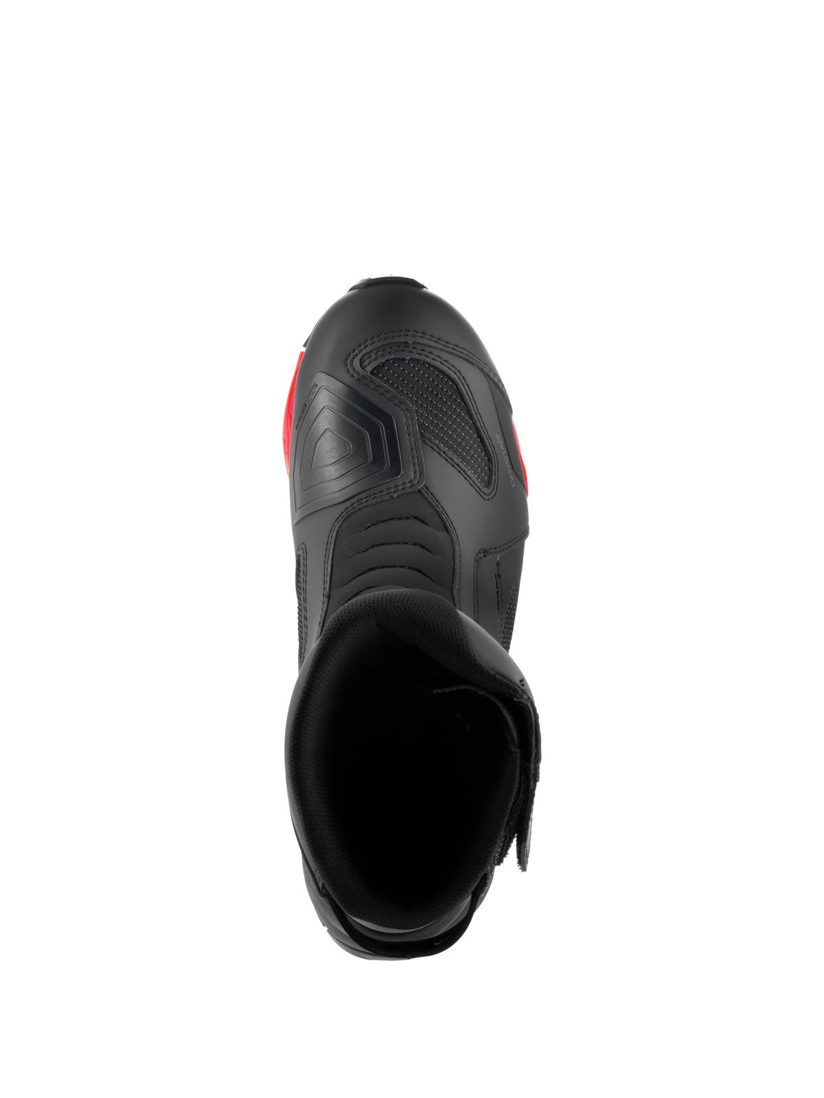 Alpinestars RT-7 Drystar® laarzen, touring motorlaarzen, zwart en rood, bovenaanzicht met de opening van de laars, het interieur en het getextureerde schakelvlak op de neus