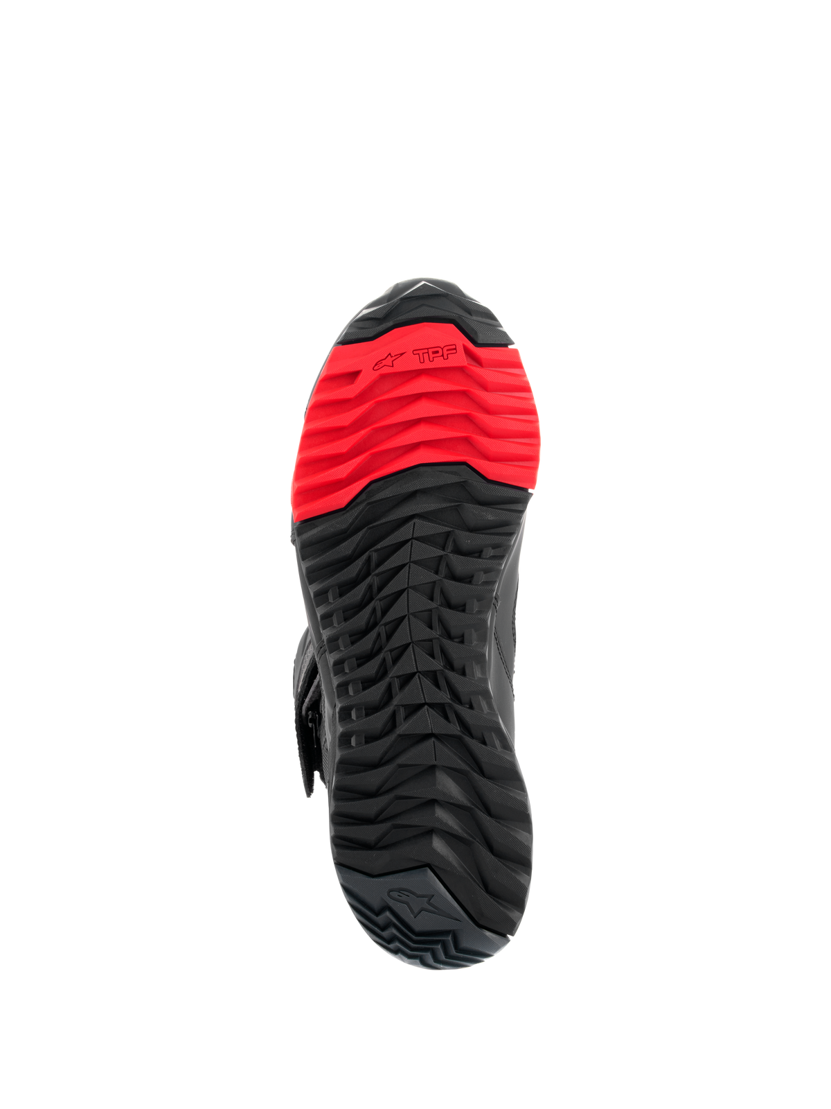 Alpinestars RT-7 Drystar® laarzen, onderkant van de zool, robuust zwart en rood profielpatroon, met het TPF Transversal Protection Frame-logo op de voorvoet, ontworpen voor rij- en loopcomfort