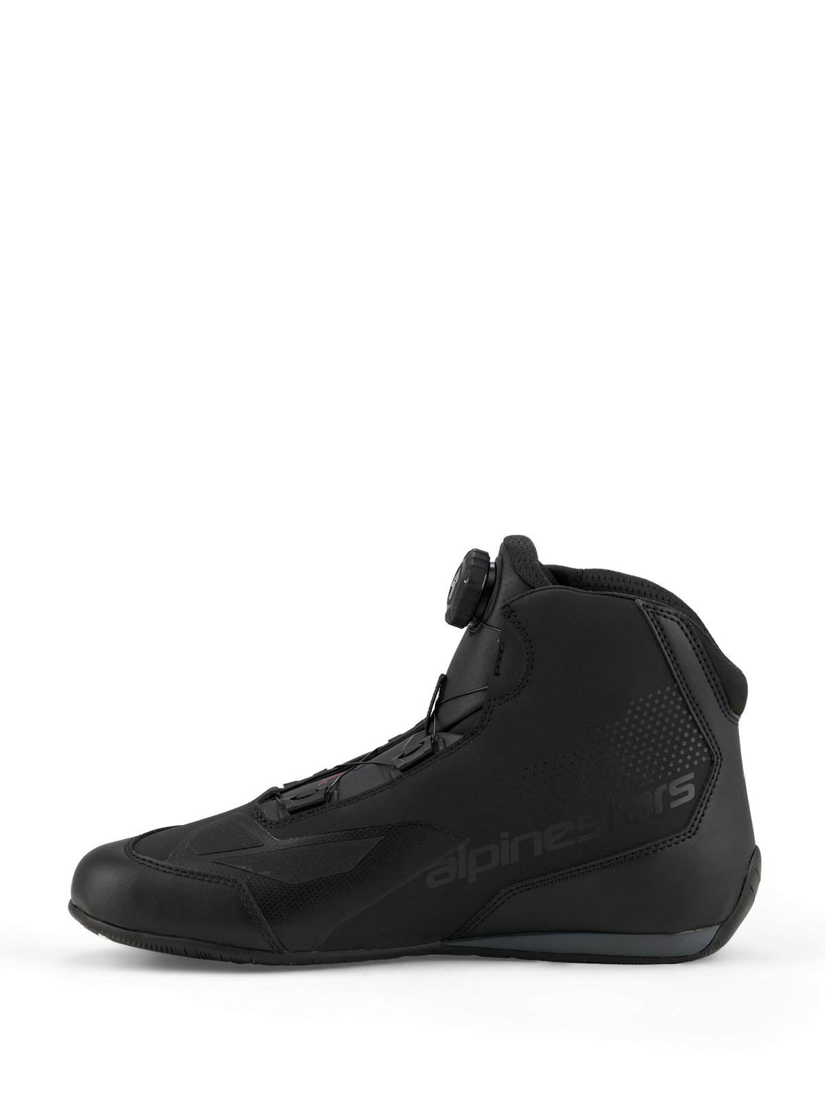 Alpinestars Celer Shoes, Sport and Racing Riding Shoes, Black and Dark Gray, side profile view featuring the integrated Rotor Closure System dial, technical microfiber construction with alpinestars branding, streamlined design for performance