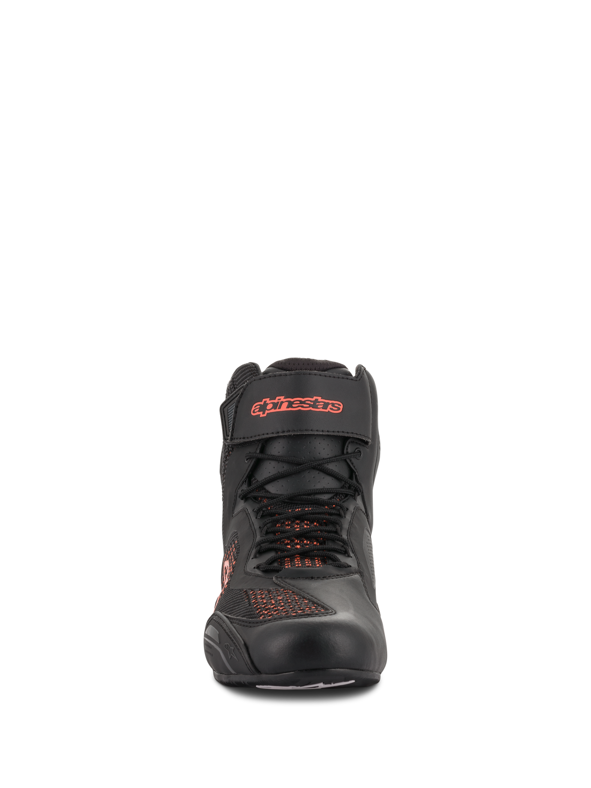 Alpinestars Faster-3 Rideknit® schoenen, zwart en fluo rood, vooraanzicht, motorschoen met ademende gebreide meshpanelen en klittenband enkelband met rood logo