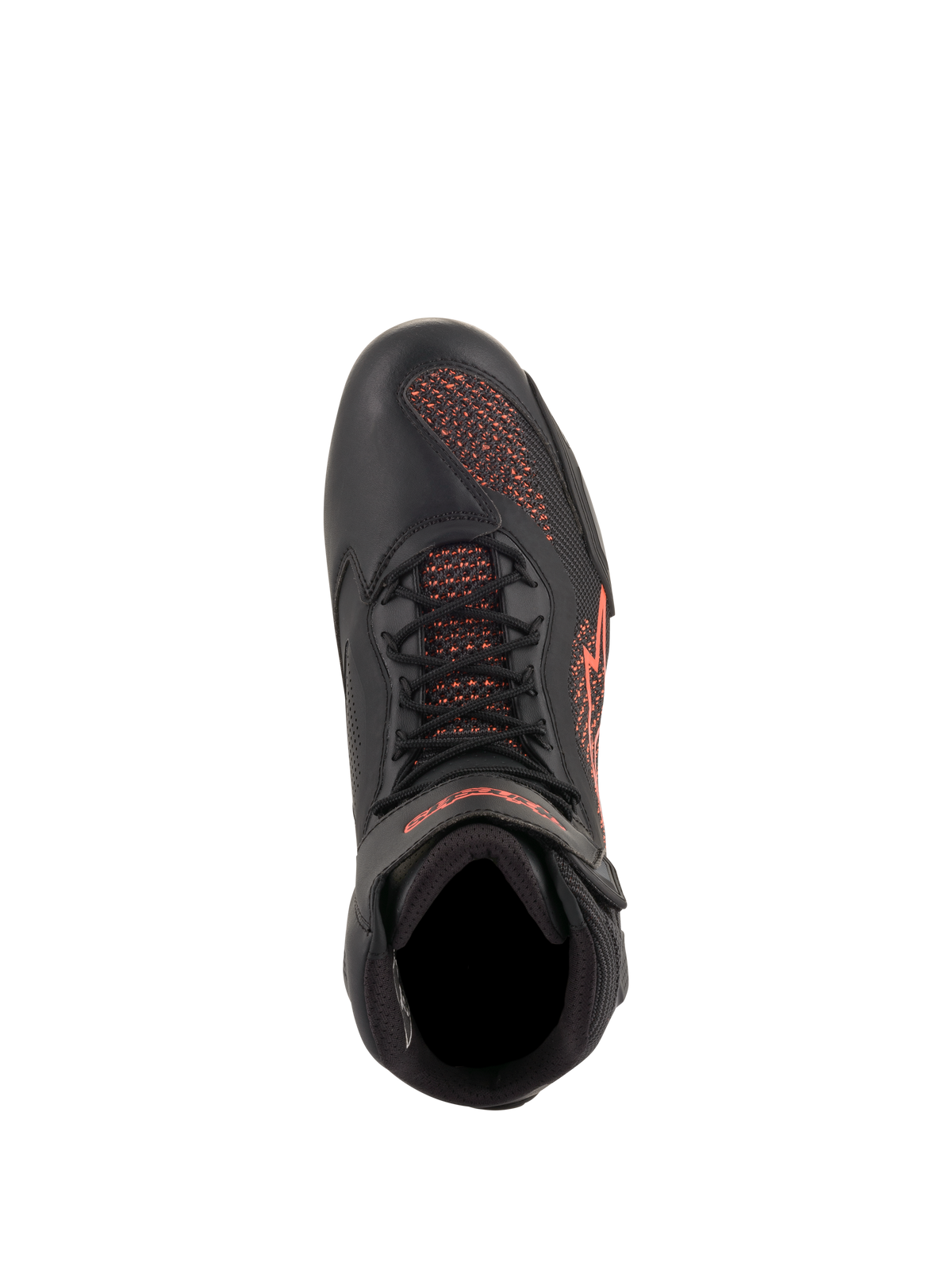 Alpinestars Faster-3 Rideknit® schoenen, motorschoenen, zwart en fluorescerend rood, bovenaanzicht, met ademende gebreide panelen en microvezelconstructie met rode logodetails
