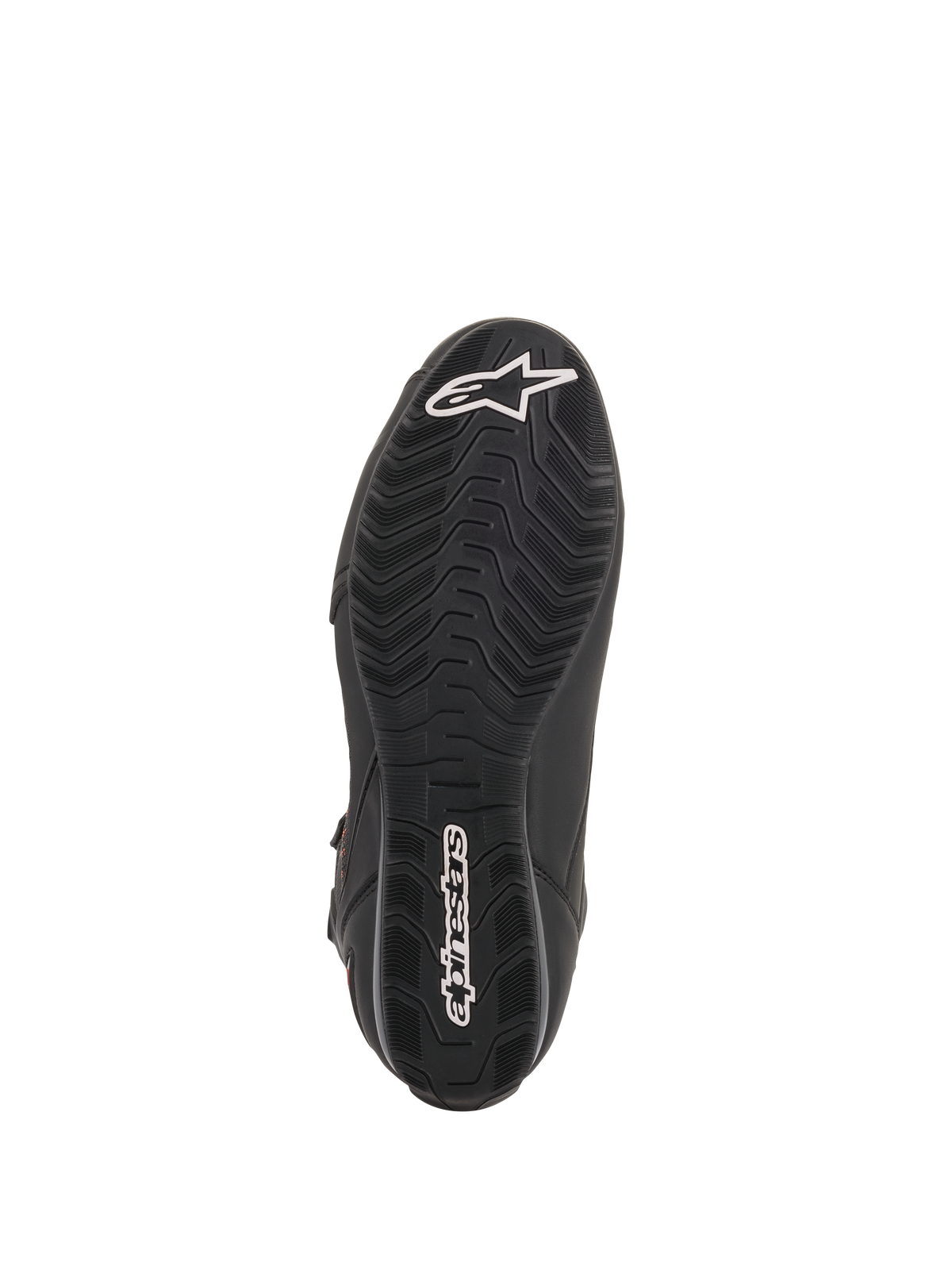 Alpinestars Faster-3 Rideknit® schoenen, zwarte motorschoenen, onderaanzicht van de zool met een getextureerd grippatroon en witte Alpinestars-logo's op de neus en hiel