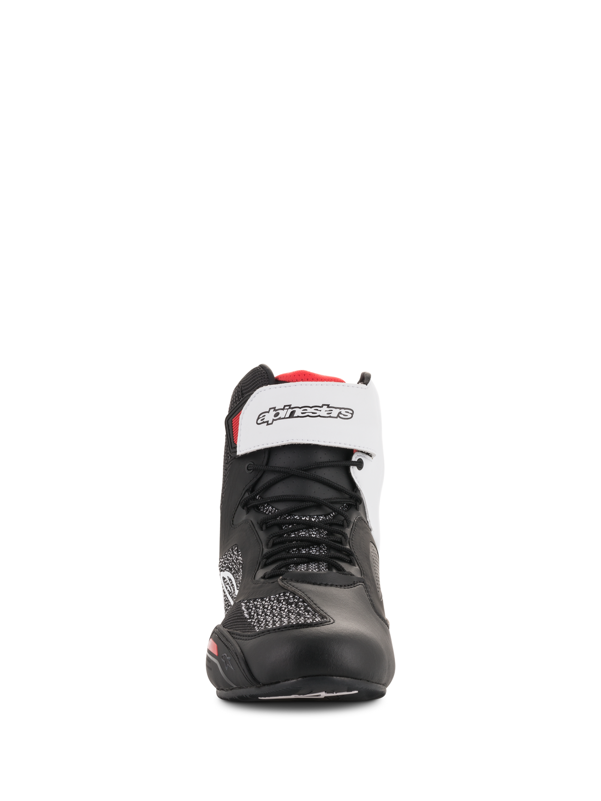 Alpinestars Faster-3 Rideknit® Shoes, Black White and Red, front-facing view, featuring black laces and a white hook-and-loop ankle strap with branding, breathable mesh and microfiber upper, performance motorcycle riding footwear