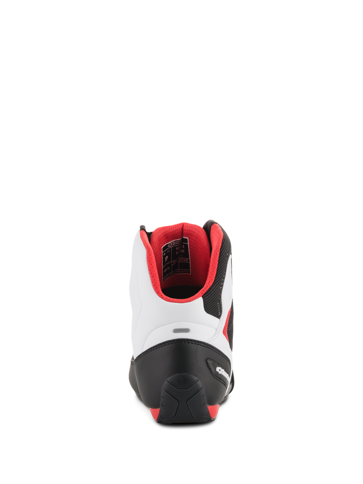 Alpinestars Faster-3 Rideknit® Shoes, Motorcycle Riding Shoes, Black White and Red, rear view showing the TPR heel counter and red interior mesh lining, sporty road racing design with a microfiber chassis