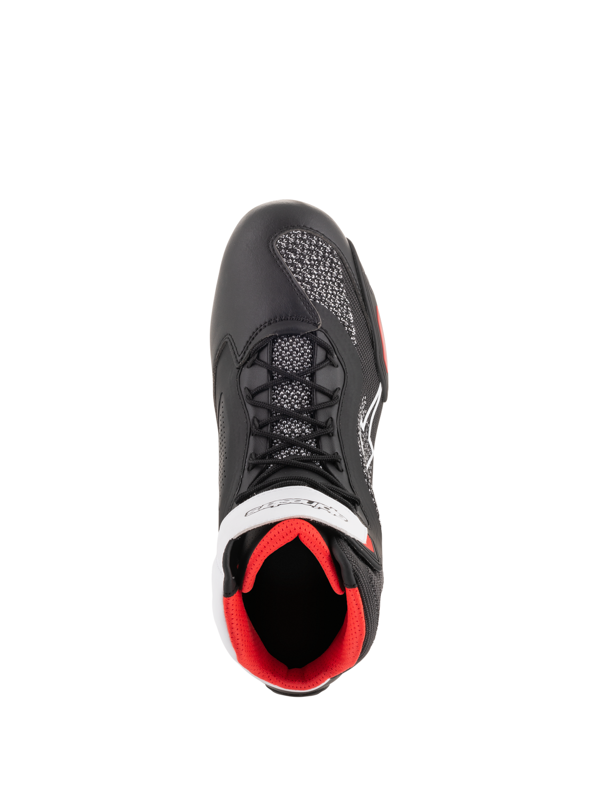 Alpinestars Faster-3 Rideknit® Shoes, motorcycle riding shoes, Black White and Red, top-down view featuring black microfiber construction, breathable knitted mesh panels, white Alpinestars branding, and a bright red interior lining