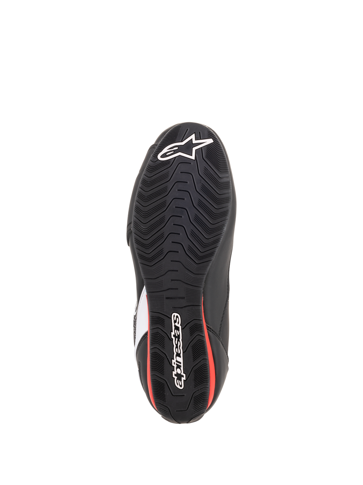 Alpinestars Faster-3 Rideknit® Shoes, Bottom View of Sole, Black and Red, Textured rubber outsole with white Alpinestars star and wordmark logos, road riding motorcycle footwear