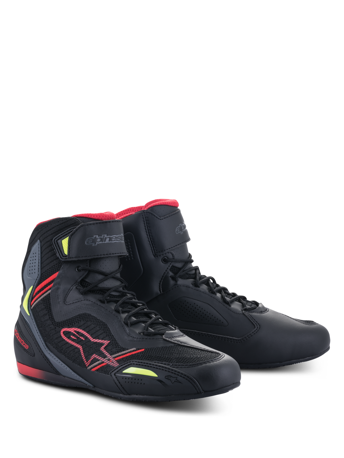 Alpinestars Faster-3 Rideknit® Shoes, Black Red Yellow Fluo, lightweight motorcycle riding shoes featuring a microfiber and mesh upper, red Alpinestars logo, and fluorescent yellow accents, high-top profile with lace-up closure and ankle strap.