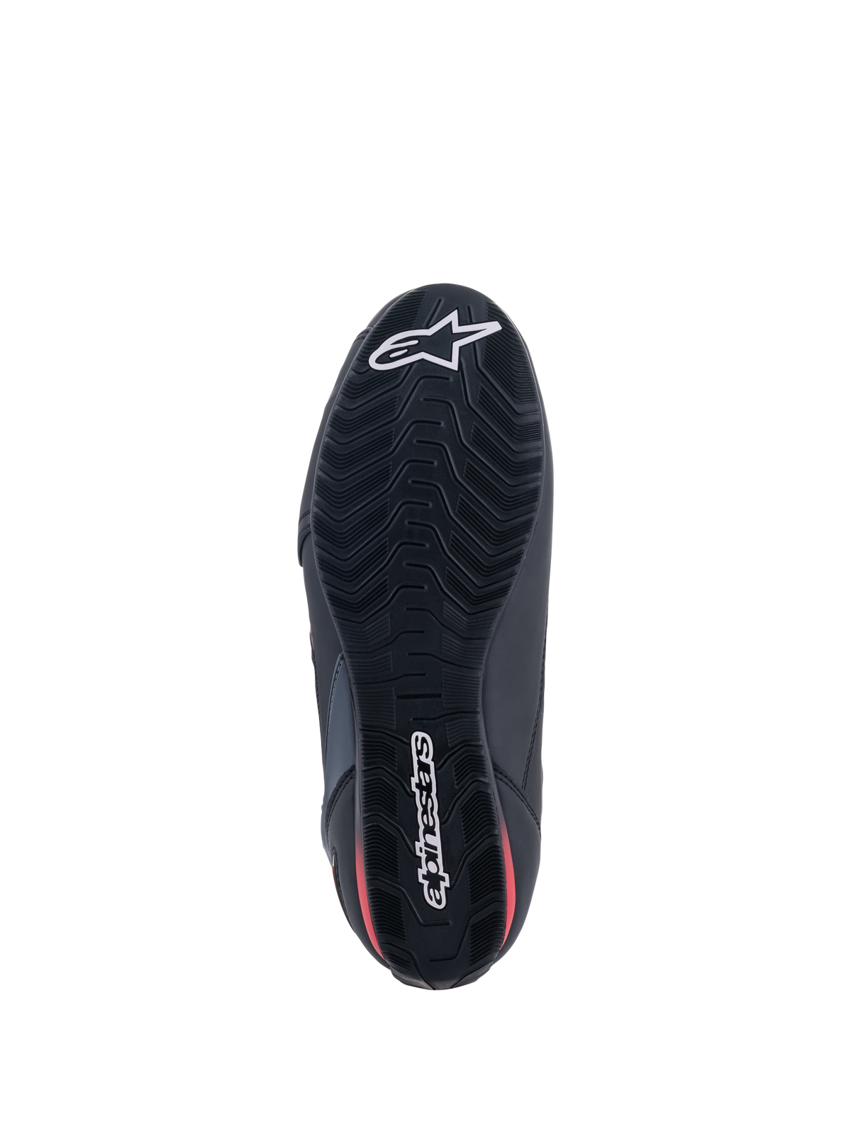 Alpinestars Faster-3 Rideknit® Shoes, Bottom View, Black sole with red accents, featuring textured tread pattern for grip, white Alpinestars star logo on the toe and wordmark on the heel, lightweight motorcycle riding footwear