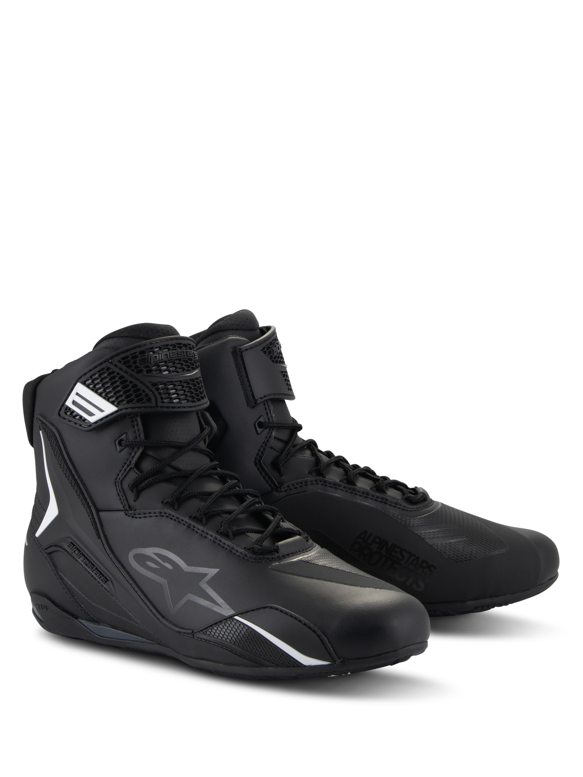 Alpinestars Faster-4 schoenen, motorrijschoenen, zwart, hoog model met vetersluiting en klittenbandsluiting, voorzien van witte en grijze logo's, gestroomlijnde microvezelconstructie voor rijden op de weg
