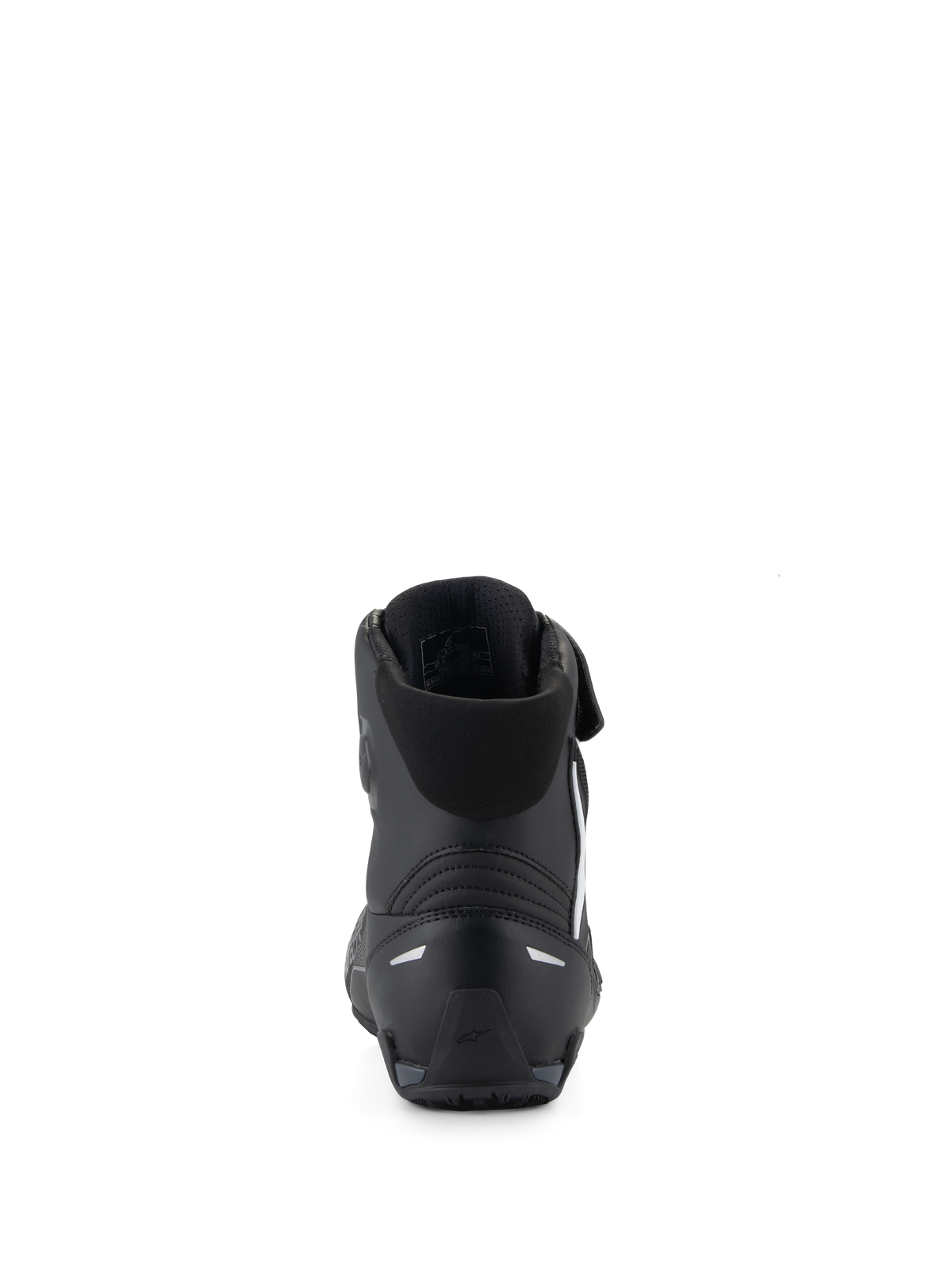 Alpinestars Faster-4 schoenen, zwarte motorschoenen, achteraanzicht met focus op de TPR-hielcounter en reflecterende accenten, gewatteerde textielkraag, prestatiegericht ontwerp voor sportief rijden op de weg