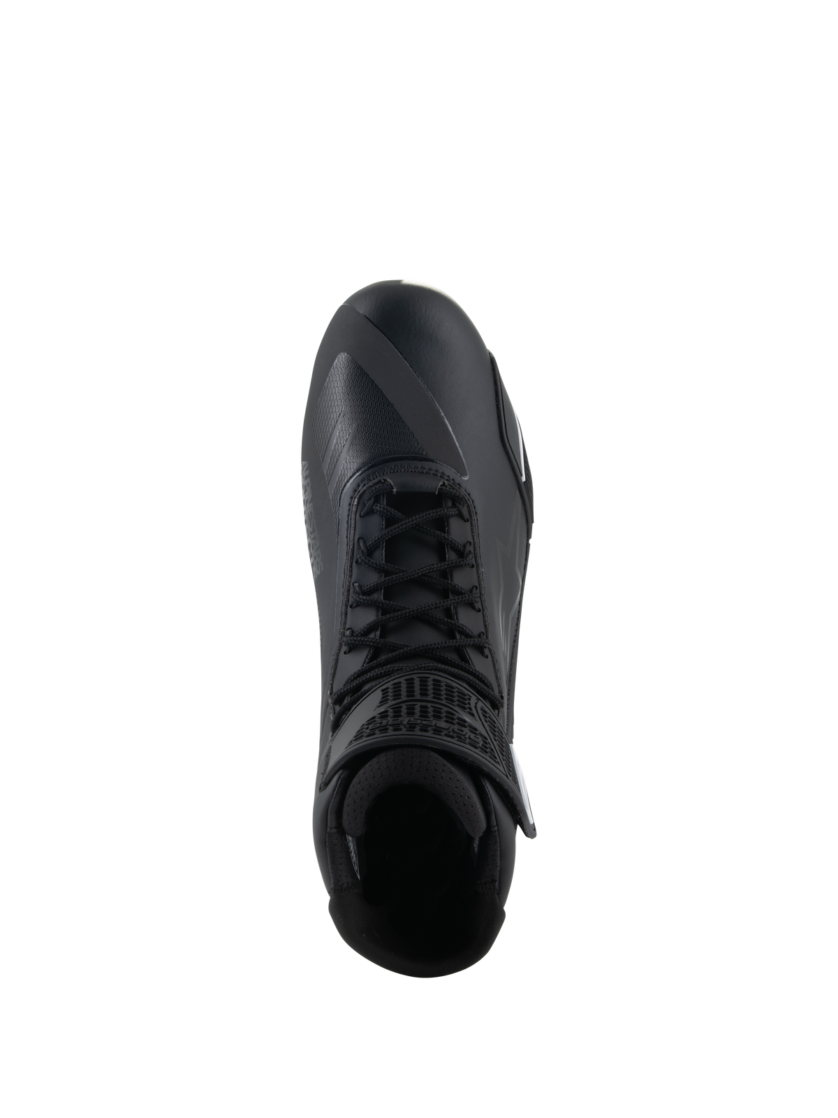 Alpinestars Faster-4 schoenen, zwarte motorschoenen, bovenaanzicht, voorzien van traditionele vetersluiting, naadloos microvezel bovenwerk en gewatteerde enkelkraag.