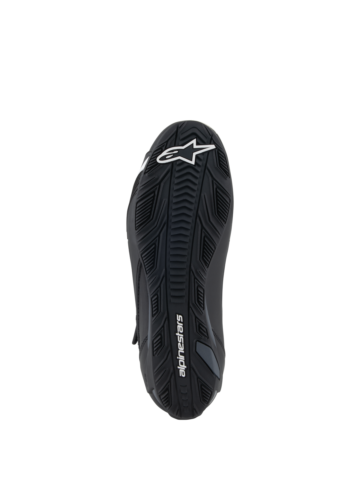 Alpinestars Faster-4 schoenen, zwart, onderaanzicht van de rubberen buitenzool met getextureerde grippatronen, wit Alpinestars-logo op de voorvoet en merknaam op de hiel, performance motorrijschoen