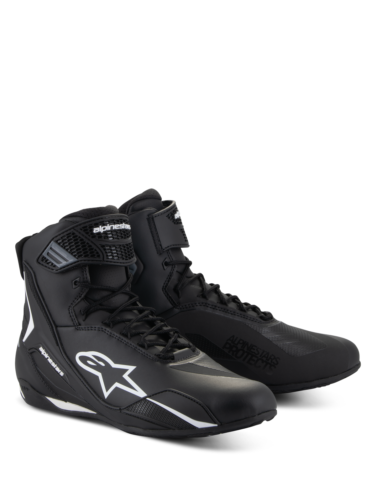 Alpinestars Faster-4 Shoes, black motorcycle riding shoes with white accents, mid-cut design featuring white Astars logo, 'Alpinestars Protects' text on the toe, and a combination lace and hook-and-loop closure.