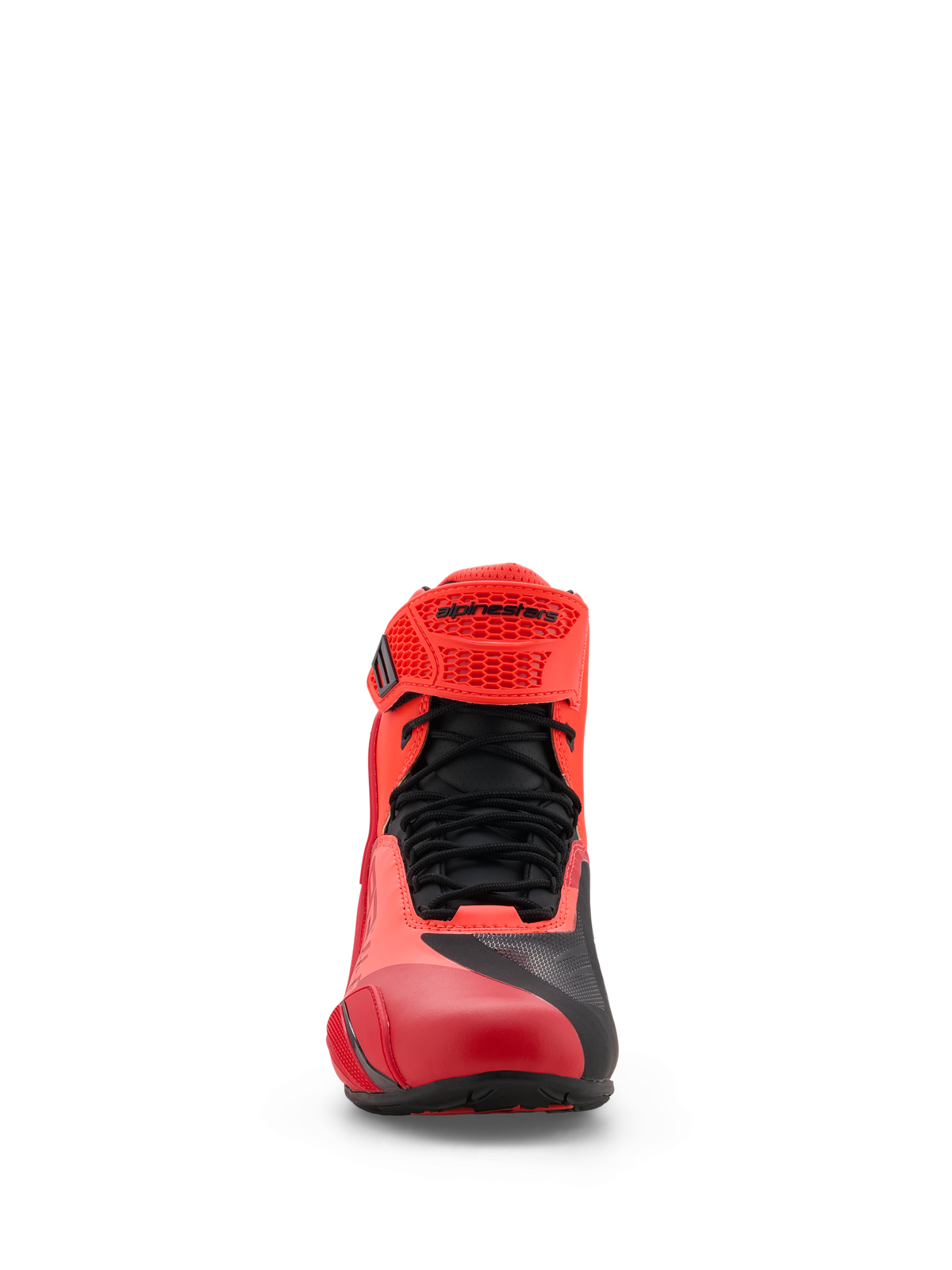Alpinestars MM93 Faster-4 schoenen, motorschoenen, fluo rood en felrood met zwarte accenten, vooraanzicht met zwarte veters, een rode verstelbare TPR-band met Alpinestars-branding en lichtgewicht microvezelconstructie.