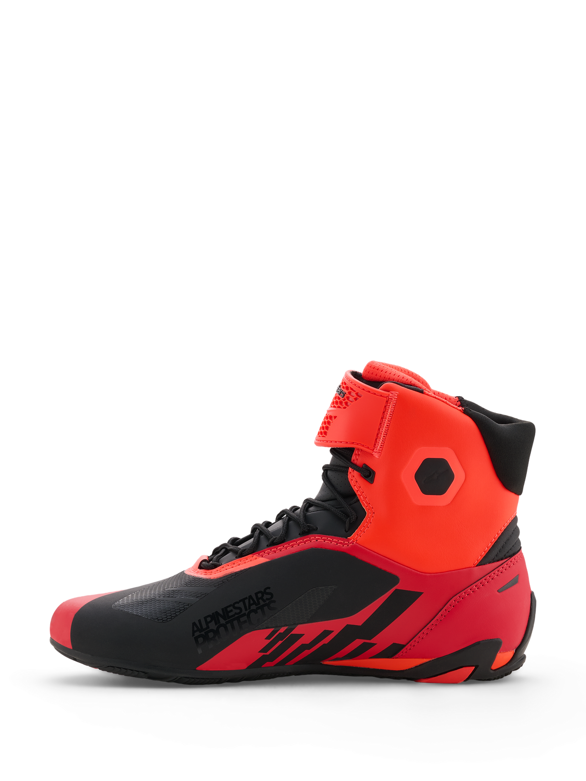 Alpinestars MM93 Faster-4 schoenen, motorrijschoenen, Red Fluo en zwart, zijprofiel met technische microvezelconstructie, vetersluiting met klittenband enkelband, 'ALPINESTARS PROTECTS' logo aan de zijkant, sportief ontwerp voor op de weg