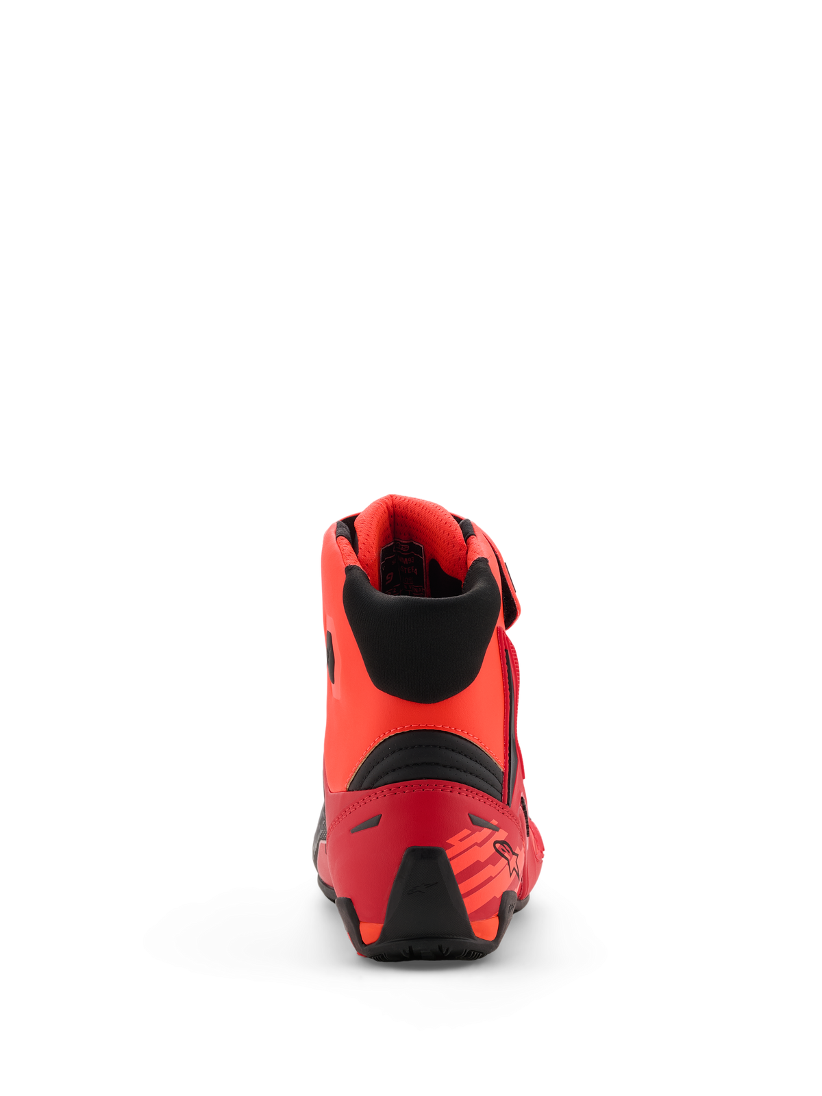 Alpinestars MM93 Faster-4 schoenen, motorrijschoenen, Red Fluo Bright Red en zwart, achteraanzicht met TPR-hielcounter en zwarte textielkraag, ergonomisch ontwerp met op racen geïnspireerde accenten