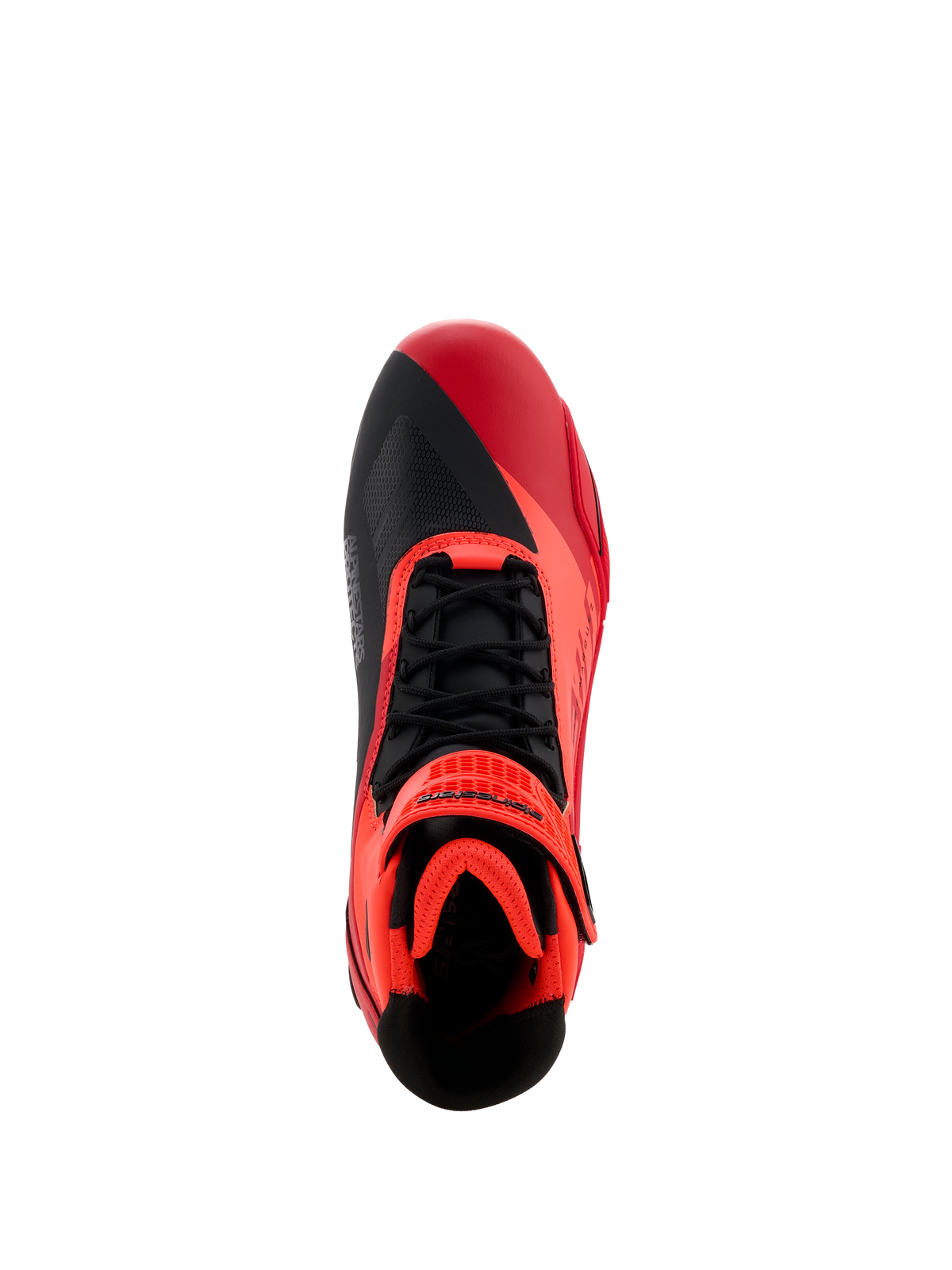 Alpinestars MM93 Faster-4-schoenen, motorfietsschoenen, Red Fluo Bright Red en zwart, bovenaanzicht met zwarte veters en rode klittenbandsluiting, asymmetrisch teendesign en gewatteerde binnenkant voor sportief rijden.