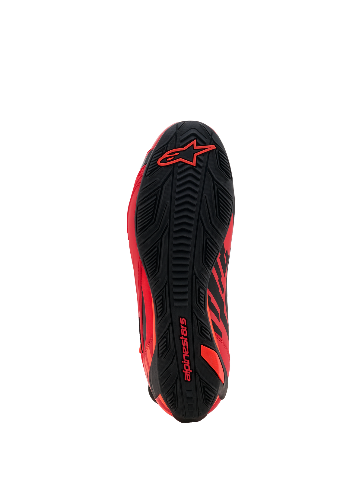 Alpinestars MM93 Faster-4 schoenen, motorschoenen, Red Fluo Bright Red en zwart, onderaanzicht van de zool met getextureerd rubberen grippatroon, rode Alpinestars-branding op de hiel en voorvoet, hoogwaardig race- en sportschoenontwerp