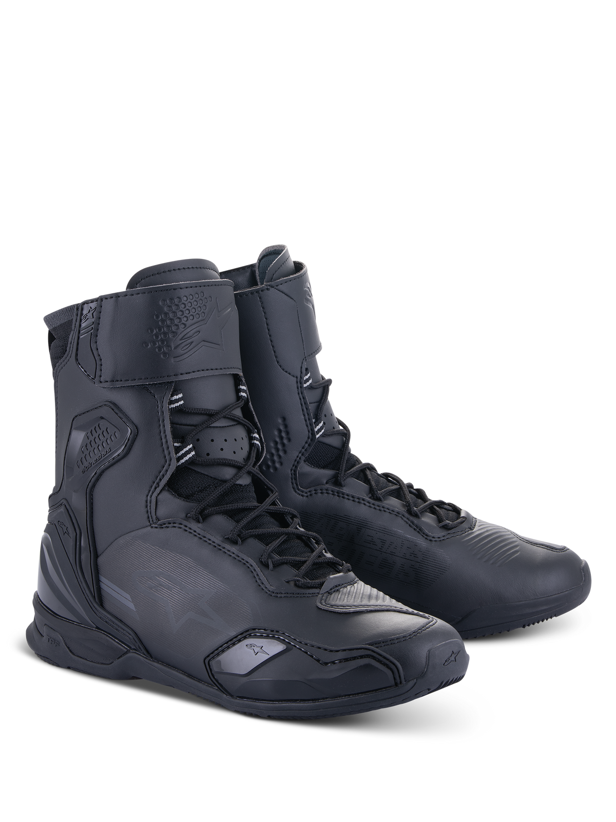 Alpinestars Superfaster schoenen, hoge zwarte motorrijschoenen, voorzien van een snelvetersysteem, versterkte enkel- en hielbescherming, strakke microvezelconstructie voor rijden op de weg