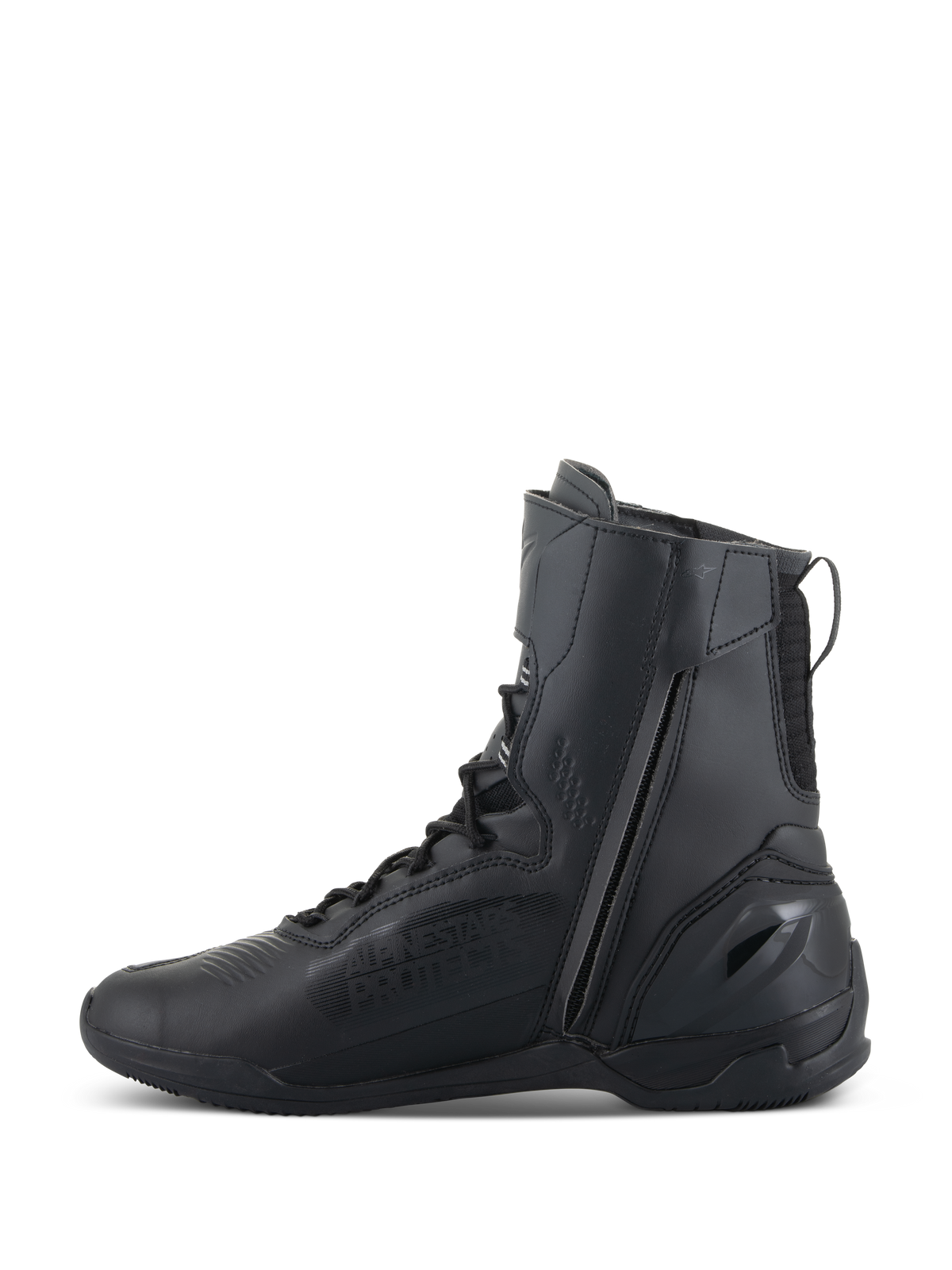 Alpinestars Superfaster schoenen, motorrijschoenen, zwart, met een hoog profiel van 25 cm, een lange rits aan de binnenzijde en een snelvetersysteem, strak zwart microvezelontwerp met versterkte hiel.