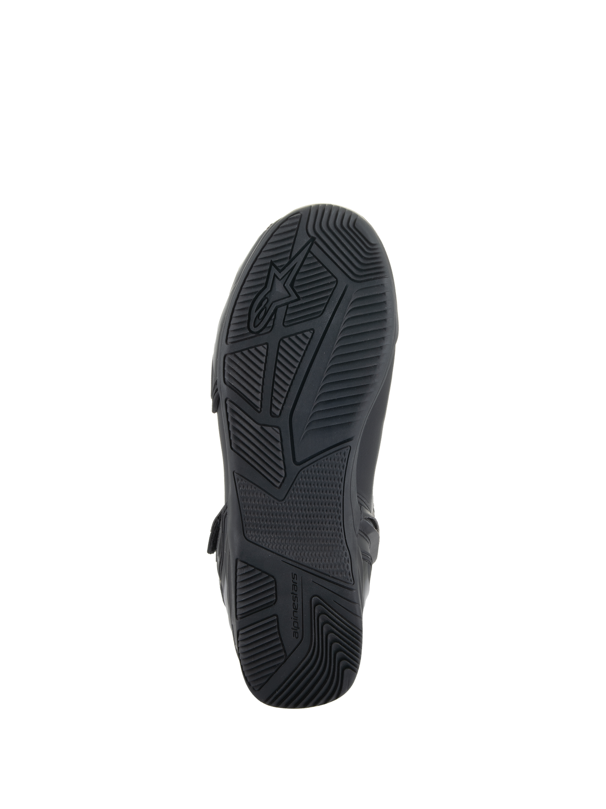 Alpinestars Superfaster schoenen, zwart, onderaanzicht van de rubberen zool met geavanceerde grip- en profielpatronen, voorzien van het Alpinestars-logo en merknaam, ontworpen voor stabiliteit tijdens het motorrijden.