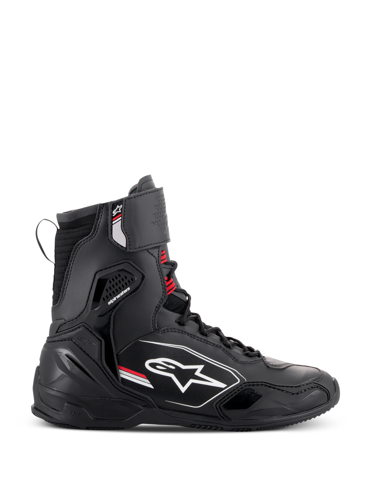 Alpinestars Superfaster schoenen, hoge motorrijschoenen, zwart, grijs en felrood, zijaanzicht met het witte Alpinestars-logo, verstevigde enkel- en hielbescherming, vetersysteem met een band aan de bovenkant
