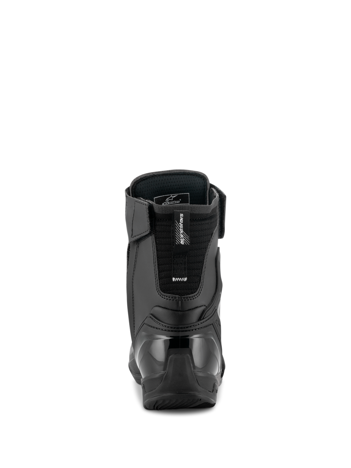 Alpinestars Superfaster Schoenen, zwart grijs felrood, achteraanzicht met de versterkte TPU-hielkap en Achilles-extensie, technische halfhoge motorschoen met microvezelpanelen