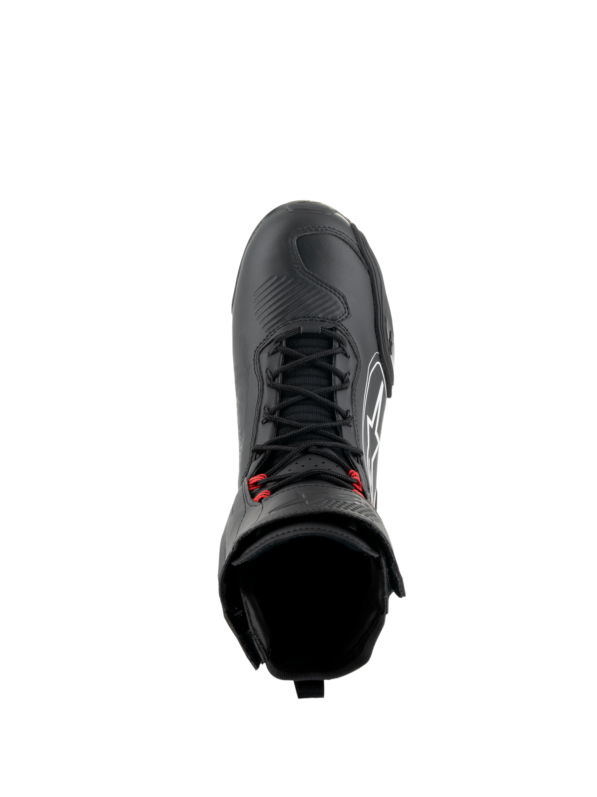 Alpinestars Superfaster Shoes, zwart/grijs/felrode motorschoenen, bovenaanzicht met zwarte snelveters met rode accenten, versterkte neus en hoge enkelkraag, technisch schoeisel voor weggebruik en sportief rijden