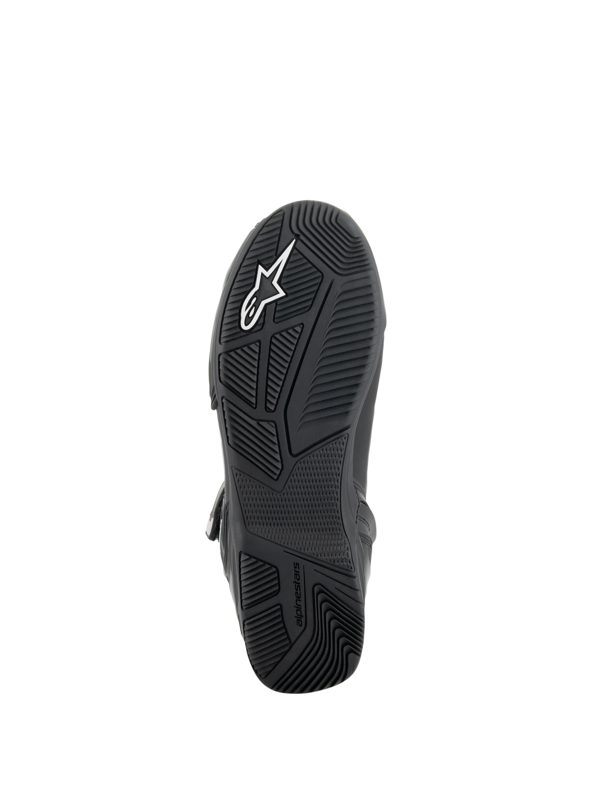 Alpinestars Superfaster schoenen, Zwart/Grijs/Helderrood, onderaanzicht van de zwarte rubberen zool met een technisch ontworpen profiel voor grip, integratie van het TPF-beschermingsframe en wit Alpinestars-logo.
