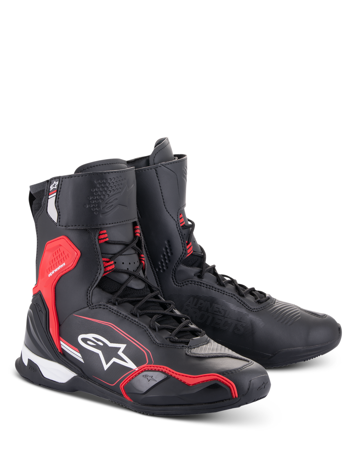 Alpinestars Superfaster schoenen, motorrijschoenen, zwart met felrood en wit, hoog model met snelvetersysteem, verstevigde enkel- en hielbescherming, voorzien van Alpinestars-branding en technische microvezelconstructie