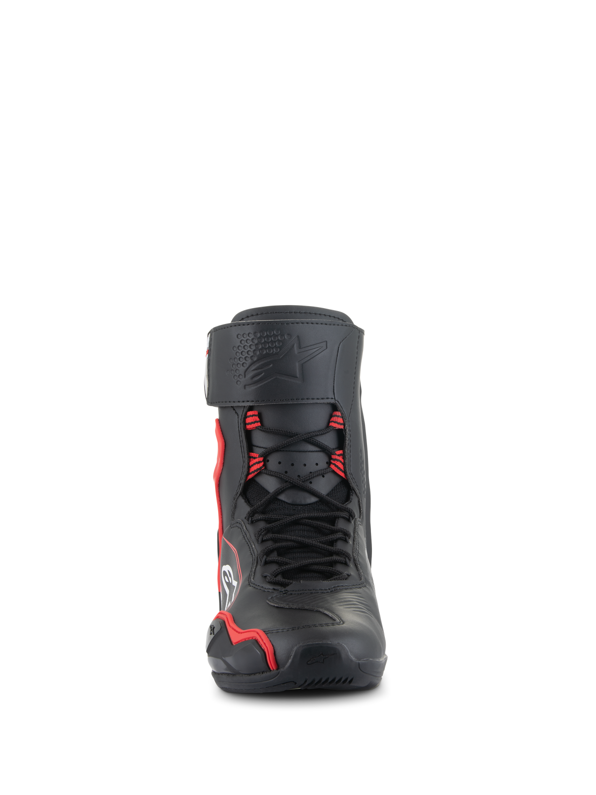 Alpinestars Superfaster schoenen, hoge motorrijschoenen, zwart met felrode en witte accenten, vooraanzicht met snelvetersysteem, beschermende scheenbeenband met sterlogo in reliëf en versterkte neus.