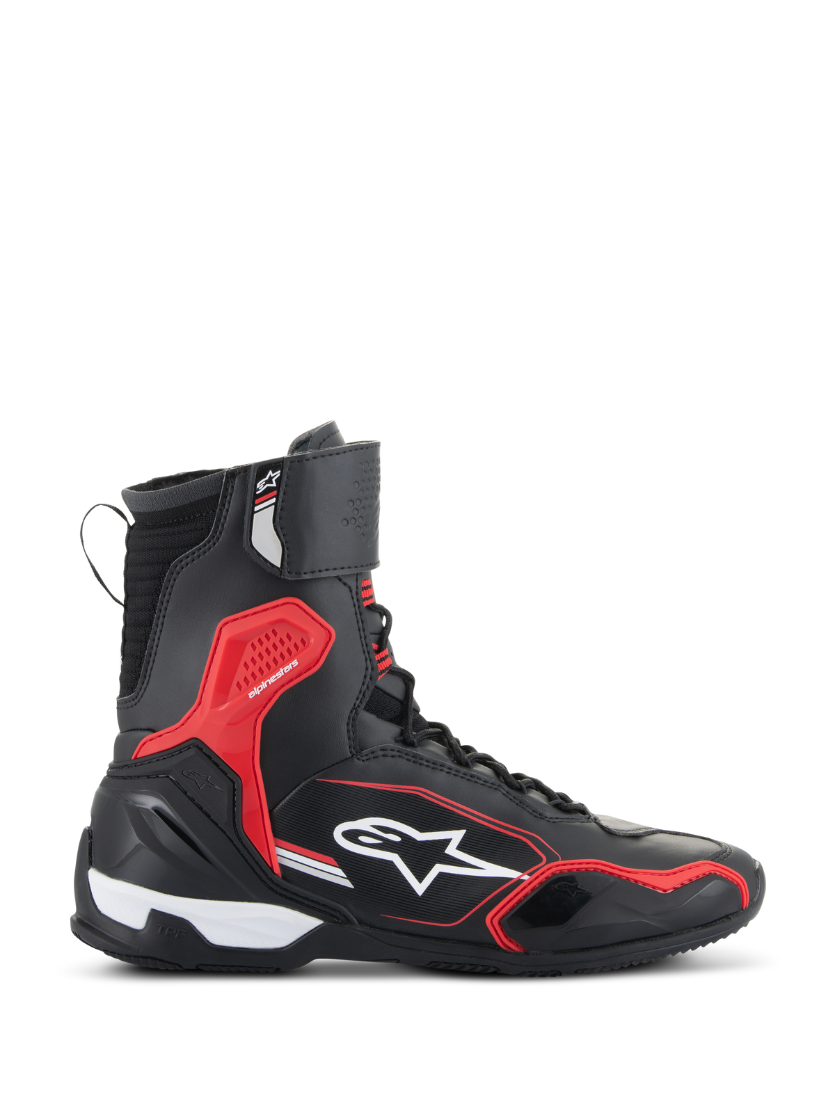 Alpinestars Superfaster schoenen, motorrijschoenen, zwart, felrood en wit, zijaanzicht met een hoge kraag, rode TPU-impactbescherming en wit Alpinestars-logo, sportief georiënteerd beschermend schoeisel voor op de weg